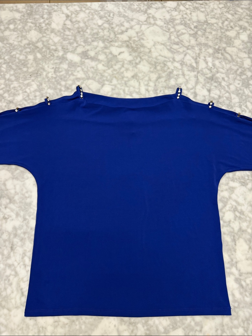 INC International Concepts Cobalt Blue Cold-Shoulder Tee with Pearl Clip Details